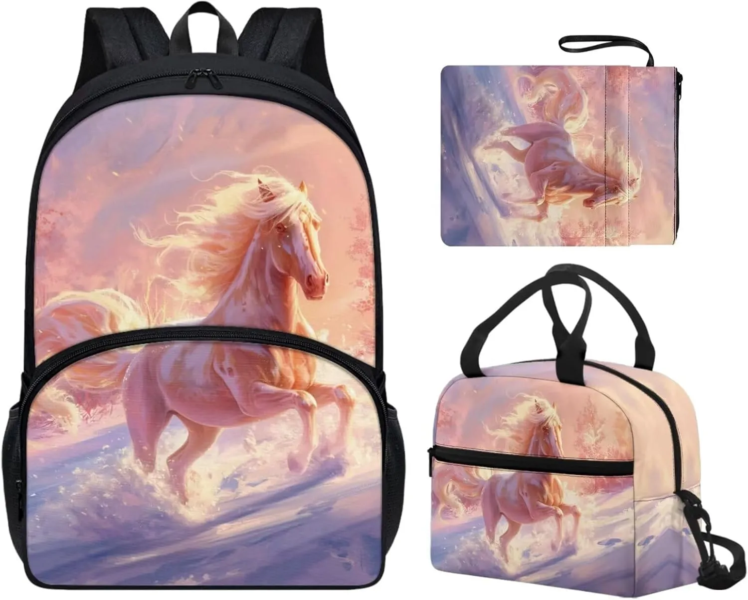 Horse Print School Backpack for Boys 8-10 Kids Backpack Set for Boy Lagre Rucksack with Foldable Reusable Lunch Bag Small Book Case for Secondary Schools