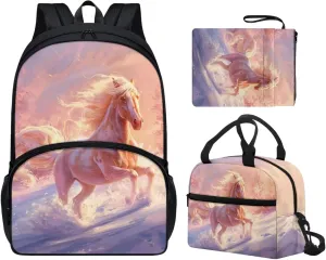 Horse Print School Backpack for Boys 8-10 Kids Backpack Set for Boy Lagre Rucksack with Foldable Reusable Lunch Bag Small Book Case for Secondary Schools