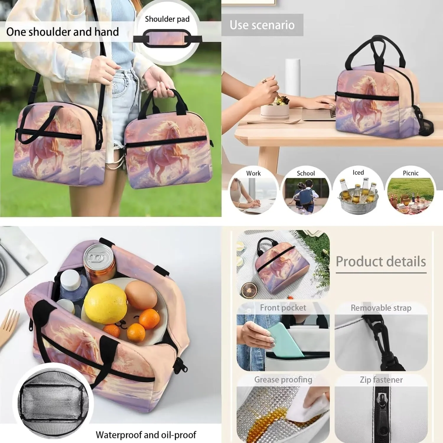 Horse Print School Backpack for Boys 8-10 Kids Backpack Set for Boy Lagre Rucksack with Foldable Reusable Lunch Bag Small Book Case for Secondary Schools