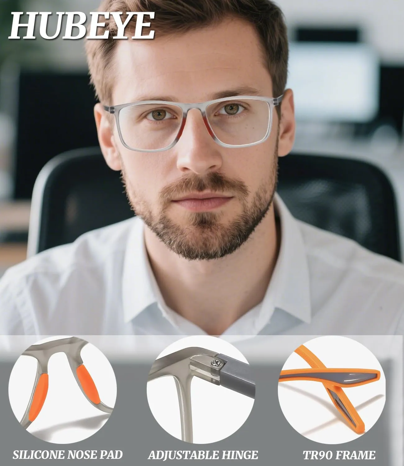 Hubeye 3 Packs Progressive Reading Glasses For Men Blue Light Blocking Square Reader TR90 Ultralight Flexible  1.0