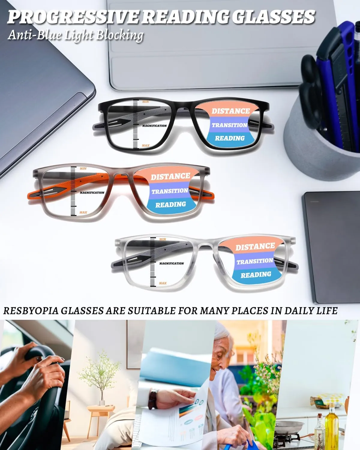 Hubeye 3 Packs Progressive Reading Glasses For Men Blue Light Blocking Square Reader TR90 Ultralight Flexible  1.0