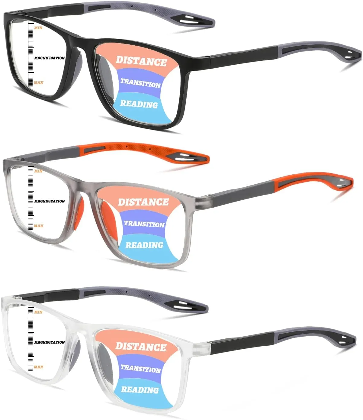 Hubeye 3 Packs Progressive Reading Glasses For Men Blue Light Blocking Square Reader TR90 Ultralight Flexible  1.0