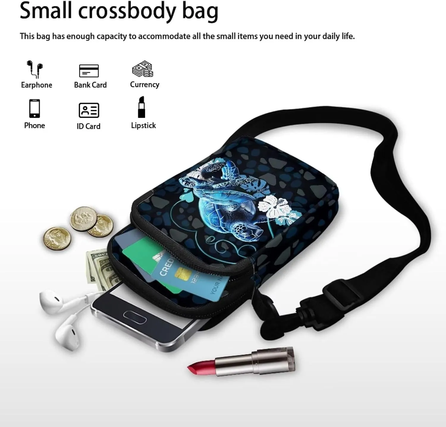 HUGS IDEA Blue Sea Turtle Print Women Small Messenger Bag Zipper Closure Kids School Mini Packs Clutch Purse Cell Phone Handbag