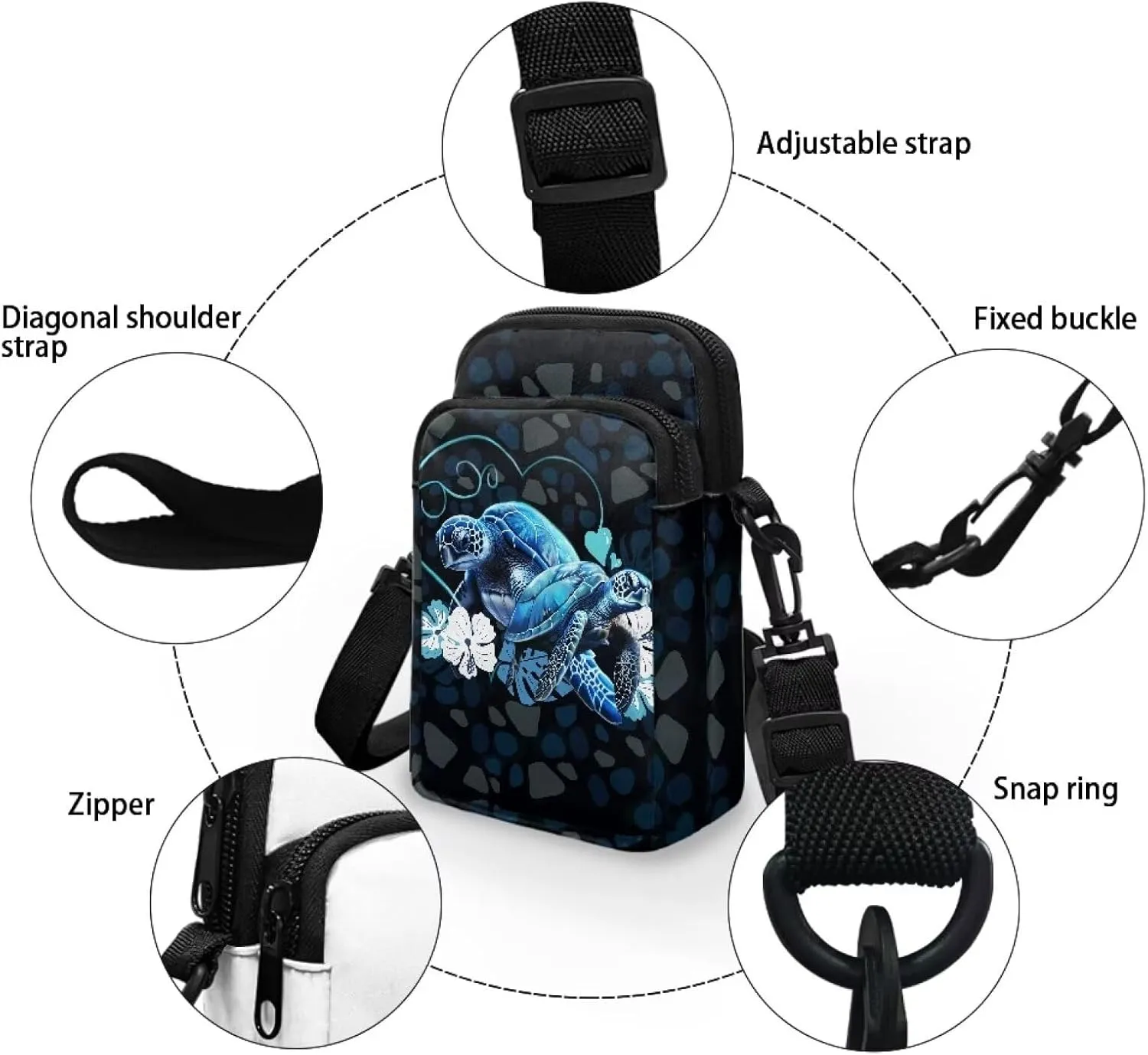 HUGS IDEA Blue Sea Turtle Print Women Small Messenger Bag Zipper Closure Kids School Mini Packs Clutch Purse Cell Phone Handbag