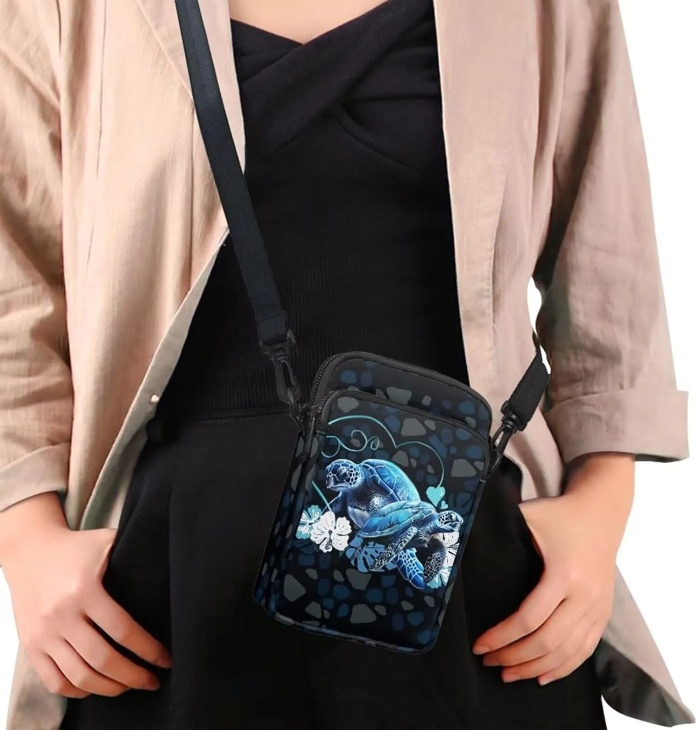 HUGS IDEA Blue Sea Turtle Print Women Small Messenger Bag Zipper Closure Kids School Mini Packs Clutch Purse Cell Phone Handbag