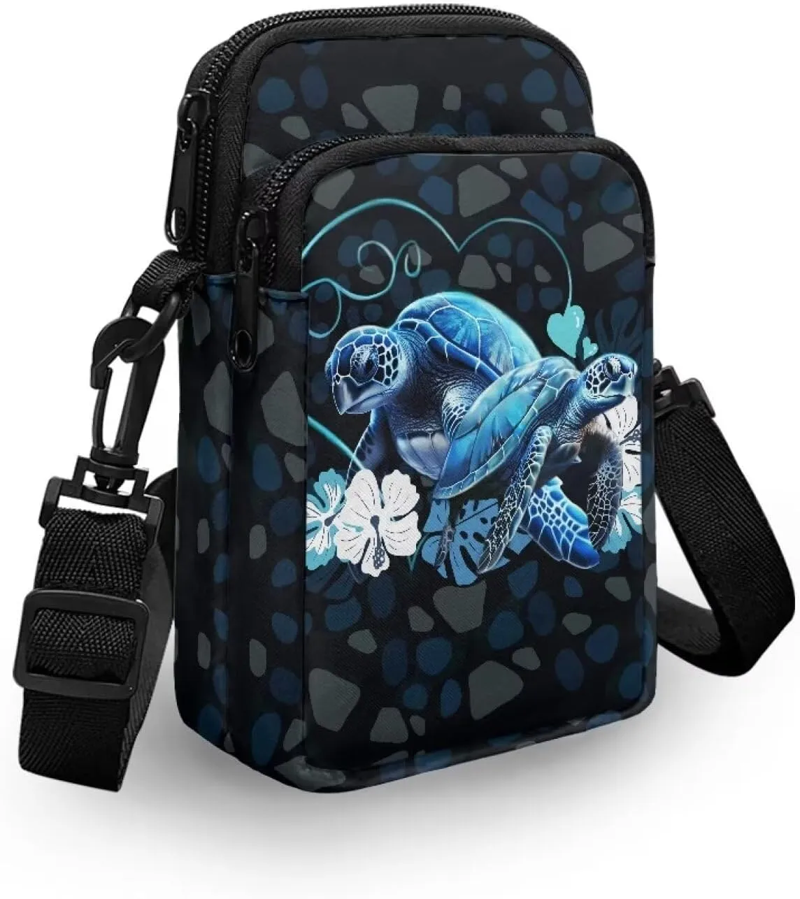 HUGS IDEA Blue Sea Turtle Print Women Small Messenger Bag Zipper Closure Kids School Mini Packs Clutch Purse Cell Phone Handbag