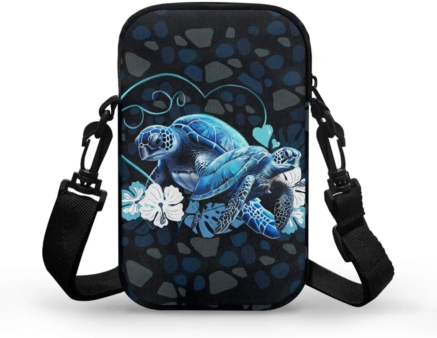 HUGS IDEA Blue Sea Turtle Print Women Small Messenger Bag Zipper Closure Kids School Mini Packs Clutch Purse Cell Phone Handbag