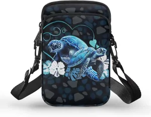 HUGS IDEA Blue Sea Turtle Print Women Small Messenger Bag Zipper Closure Kids School Mini Packs Clutch Purse Cell Phone Handbag