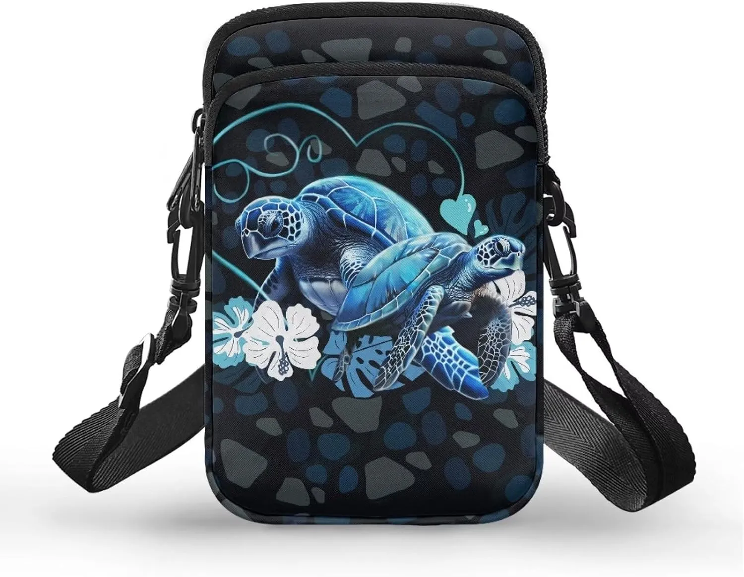 HUGS IDEA Blue Sea Turtle Print Women Small Messenger Bag Zipper Closure Kids School Mini Packs Clutch Purse Cell Phone Handbag
