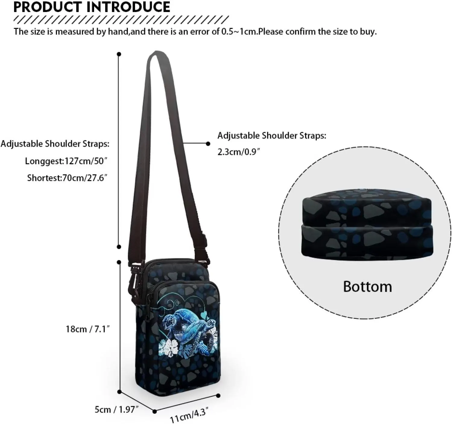 HUGS IDEA Blue Sea Turtle Print Women Small Messenger Bag Zipper Closure Kids School Mini Packs Clutch Purse Cell Phone Handbag