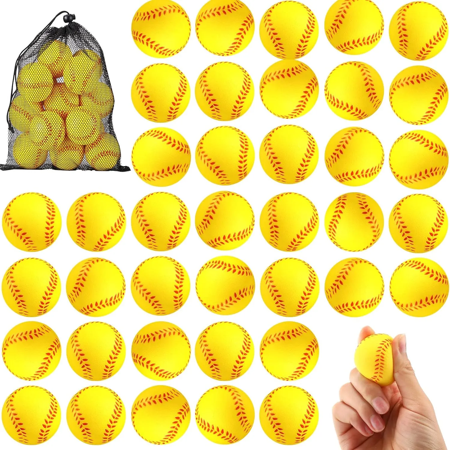 HyDren 100 Pack Mini Softball Stress Ball Bulk Foam Yellow Baseball Squeeze Balls Sport Toy with Storage Bag Party Favors for Anxiety Relief School Carnival Reward Christmas Stocking Fillers