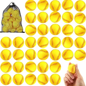 HyDren 100 Pack Mini Softball Stress Ball Bulk Foam Yellow Baseball Squeeze Balls Sport Toy with Storage Bag Party Favors for Anxiety Relief School Carnival Reward Christmas Stocking Fillers