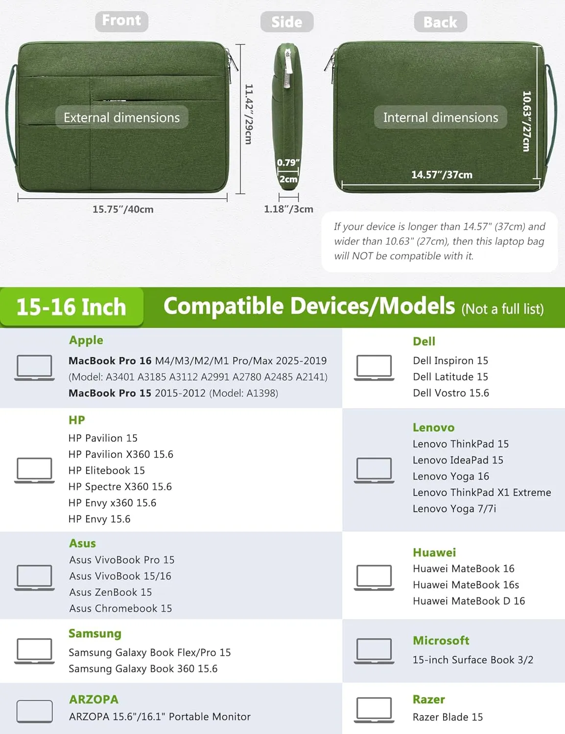 HYZUO 15-16 Inch Laptop Sleeve Bag for MacBook Pro 16 M4/M3/M2/M1 2025-2019, 15" Surface Book, Portable NoteBook Case for 15" 15.6" HP Dell Lenovo ThinkBook Asus Acer Samsung HUAWEI, Grass Green