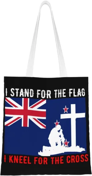 I Stand For The New Zealand Flag And I Kneel For The Cross Tote Bag for Women Canvas Shopping Bags Reusable Large Capacity Casual Shoulder Handbags Grocery Bags DIY Gift Bags
