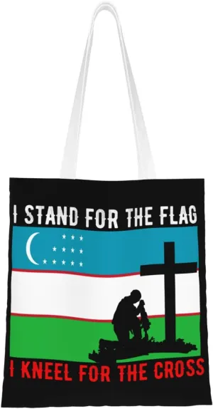 I Stand For The Uzbekistan Flag And I Kneel For The Cross Tote Bag for Women Canvas Shopping Bags Reusable Large Capacity Casual Shoulder Handbags Grocery Bags DIY Gift Bags