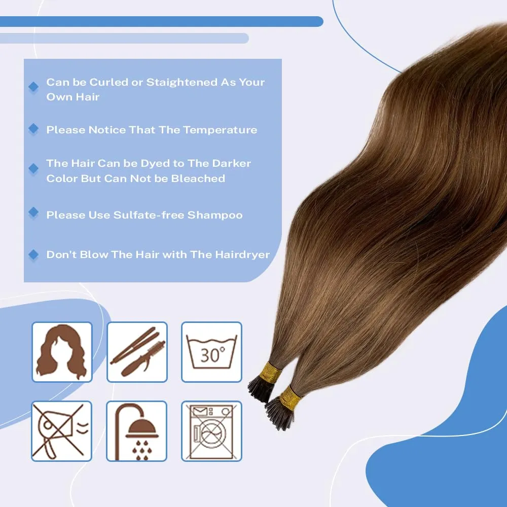 I Tip Human Hair Extensions Dark Brown Highlights Caramel Blonde 14Inch 4/27 Balayage Brown Blonde Real Hair Pre Bonded I Tips Extensions 100Strands 50G Microlink Hair