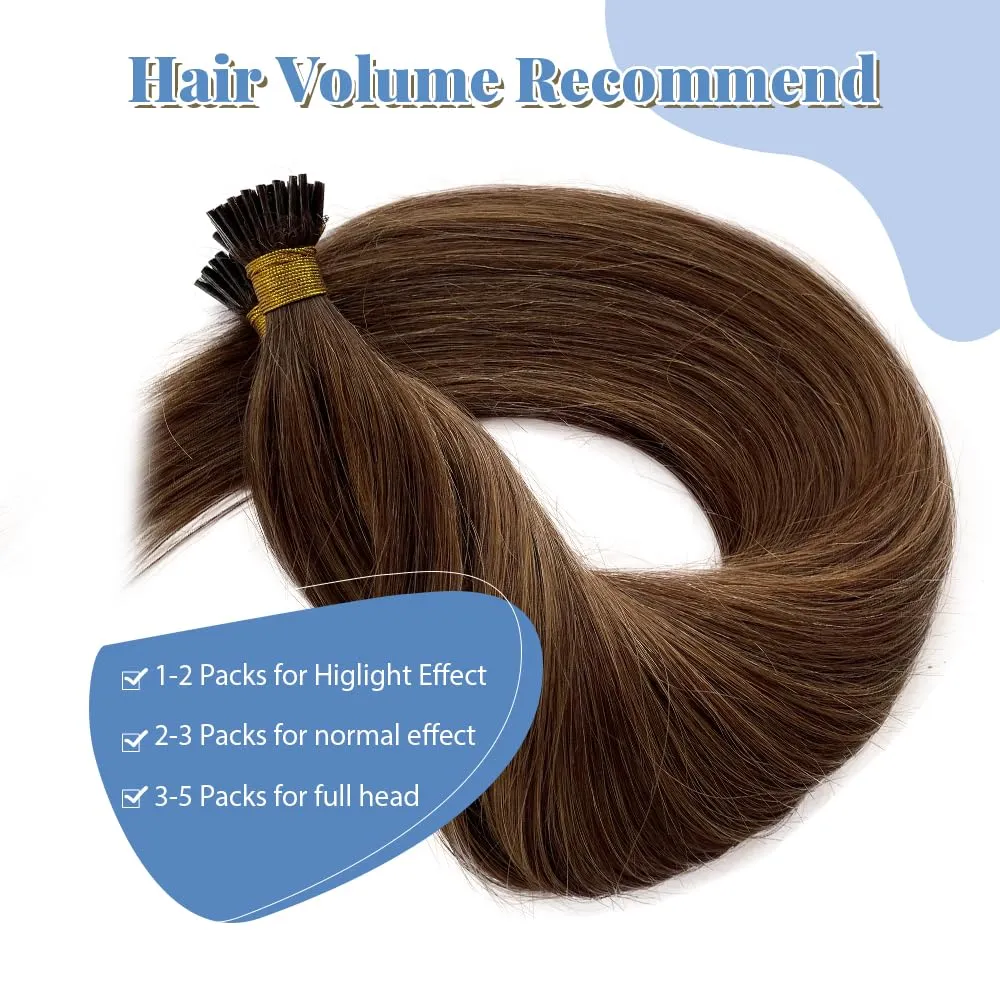I Tip Human Hair Extensions Dark Brown Highlights Caramel Blonde 14Inch 4/27 Balayage Brown Blonde Real Hair Pre Bonded I Tips Extensions 100Strands 50G Microlink Hair