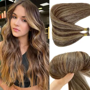 I Tip Human Hair Extensions Dark Brown Highlights Caramel Blonde 14Inch 4/27 Balayage Brown Blonde Real Hair Pre Bonded I Tips Extensions 100Strands 50G Microlink Hair