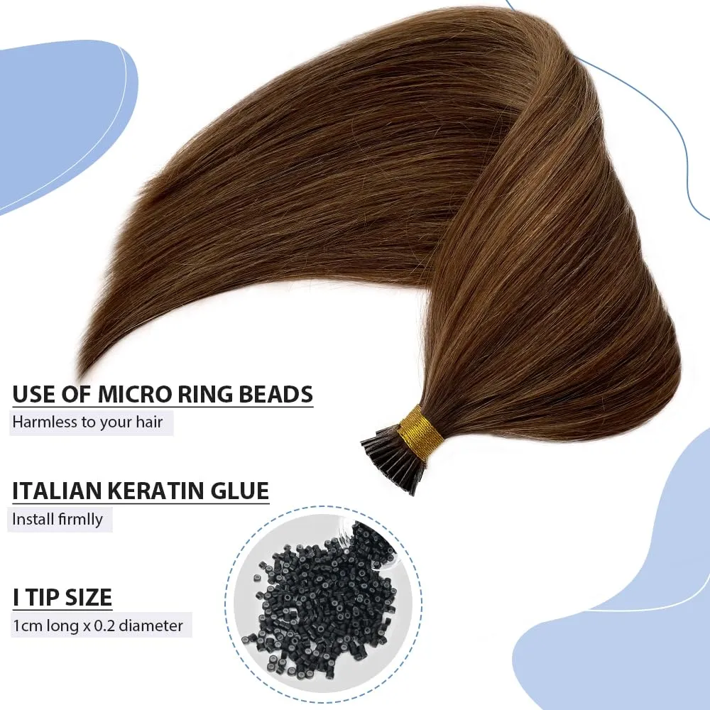 I Tip Human Hair Extensions Dark Brown Highlights Caramel Blonde 14Inch 4/27 Balayage Brown Blonde Real Hair Pre Bonded I Tips Extensions 100Strands 50G Microlink Hair