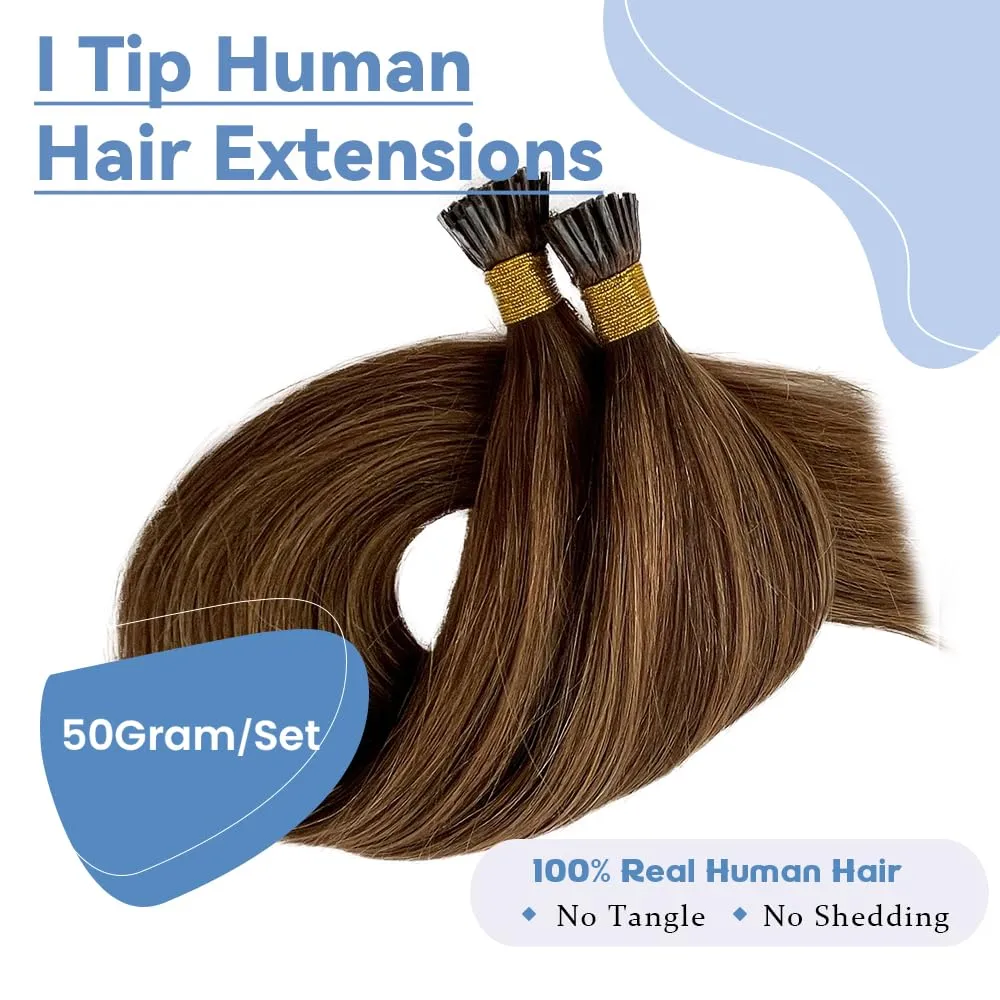 I Tip Human Hair Extensions Dark Brown Highlights Caramel Blonde 14Inch 4/27 Balayage Brown Blonde Real Hair Pre Bonded I Tips Extensions 100Strands 50G Microlink Hair