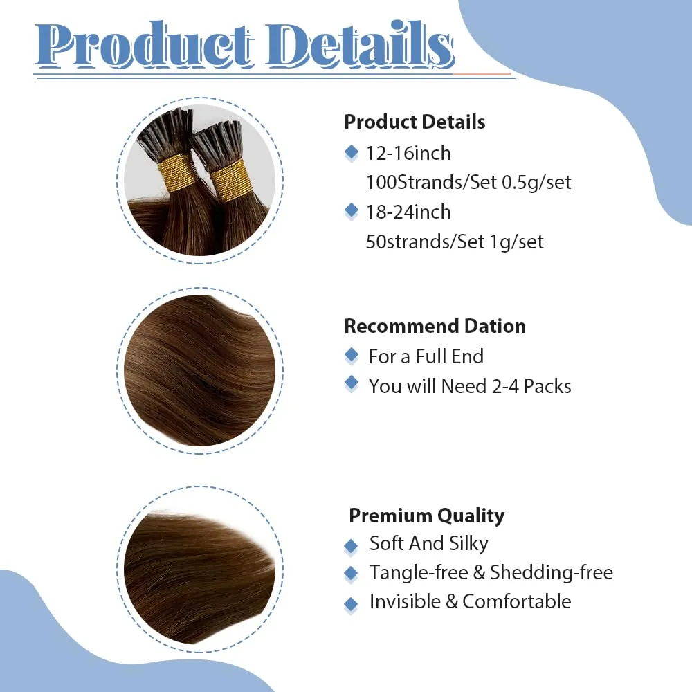 I Tip Human Hair Extensions Dark Brown Highlights Caramel Blonde 14Inch 4/27 Balayage Brown Blonde Real Hair Pre Bonded I Tips Extensions 100Strands 50G Microlink Hair