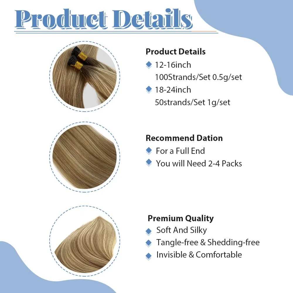 I Tip Remy Human Hair Extensions - 14 Inch Keratin Blonde to Ash Blonde Ombre Balayage - 50G Pre Bonded I Tip Hair Extensions