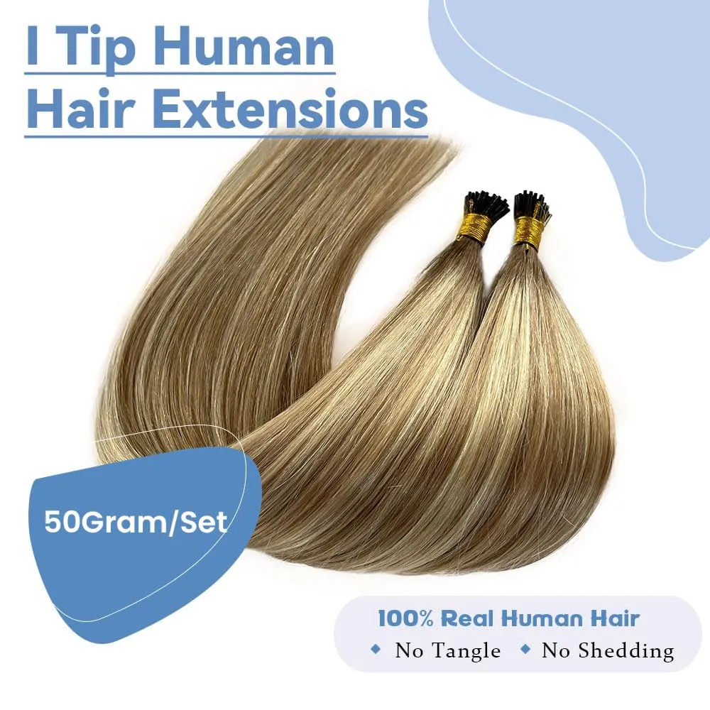 I Tip Remy Human Hair Extensions - 14 Inch Keratin Blonde to Ash Blonde Ombre Balayage - 50G Pre Bonded I Tip Hair Extensions