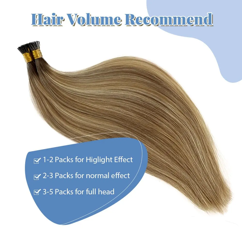 I Tip Remy Human Hair Extensions - 14 Inch Keratin Blonde to Ash Blonde Ombre Balayage - 50G Pre Bonded I Tip Hair Extensions