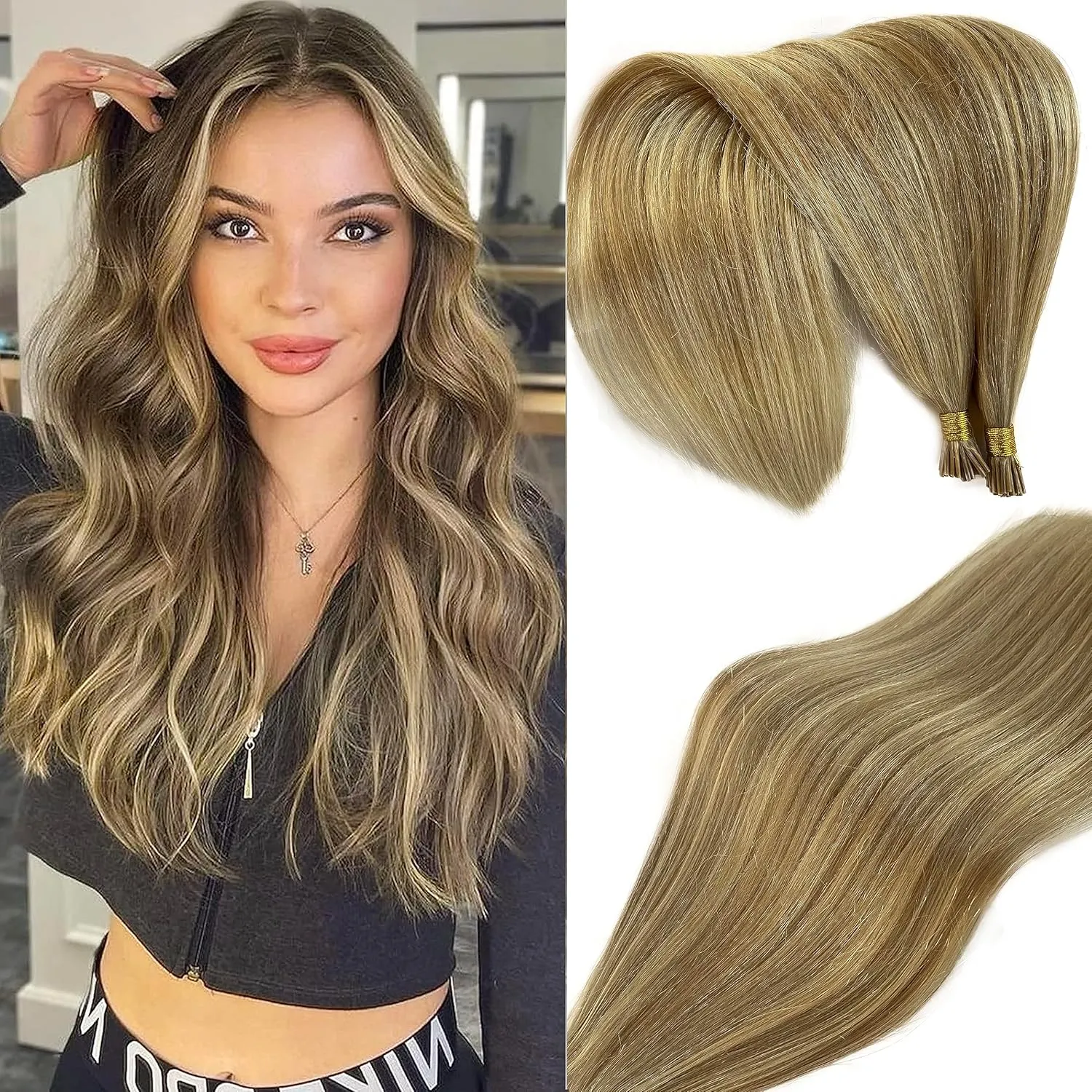 I Tip Remy Human Hair Extensions - 14 Inch Keratin Blonde to Ash Blonde Ombre Balayage - 50G Pre Bonded I Tip Hair Extensions