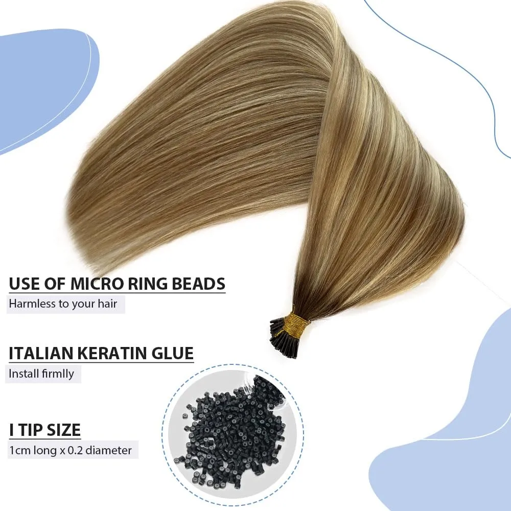 I Tip Remy Human Hair Extensions - 14 Inch Keratin Blonde to Ash Blonde Ombre Balayage - 50G Pre Bonded I Tip Hair Extensions