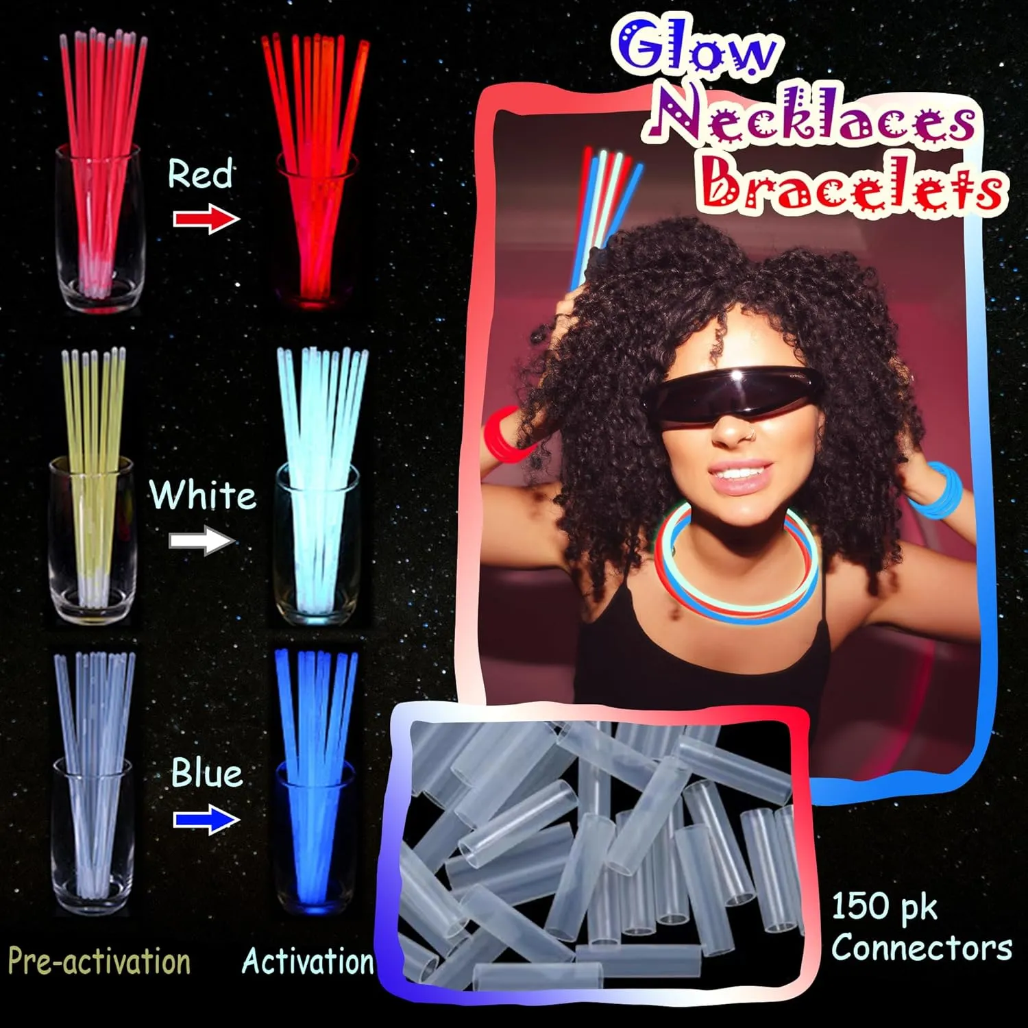 ILHSTY 150 Pcs 8'' Red Blue White Glow Sticks Glow Necklaces In The Dark Party Favors Supplies Bright GlowSticks Bulk with Accessories for Birthday Halloween 4th of July Party