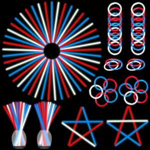 ILHSTY 150 Pcs 8'' Red Blue White Glow Sticks Glow Necklaces In The Dark Party Favors Supplies Bright GlowSticks Bulk with Accessories for Birthday Halloween 4th of July Party