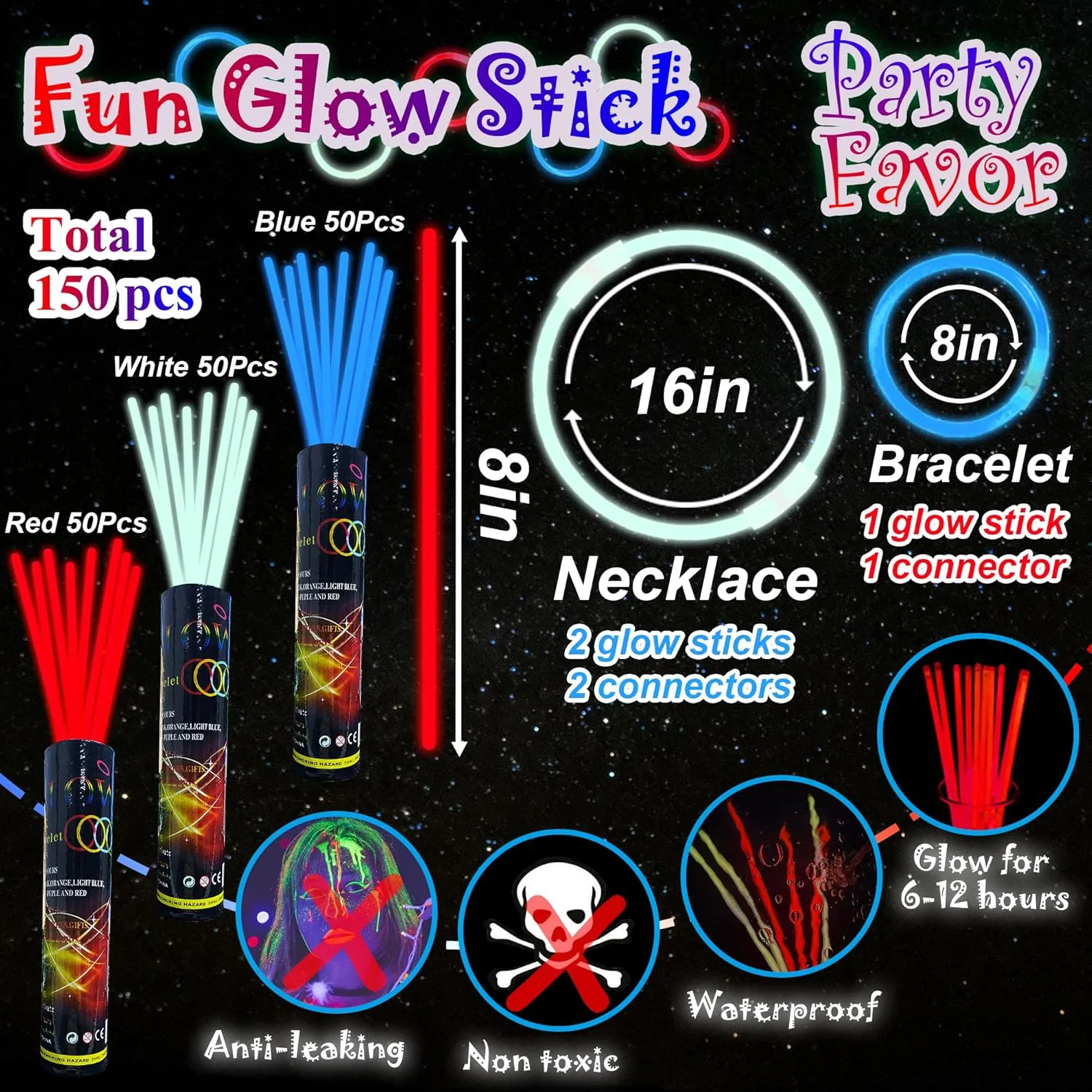 ILHSTY 150 Pcs 8'' Red Blue White Glow Sticks Glow Necklaces In The Dark Party Favors Supplies Bright GlowSticks Bulk with Accessories for Birthday Halloween 4th of July Party