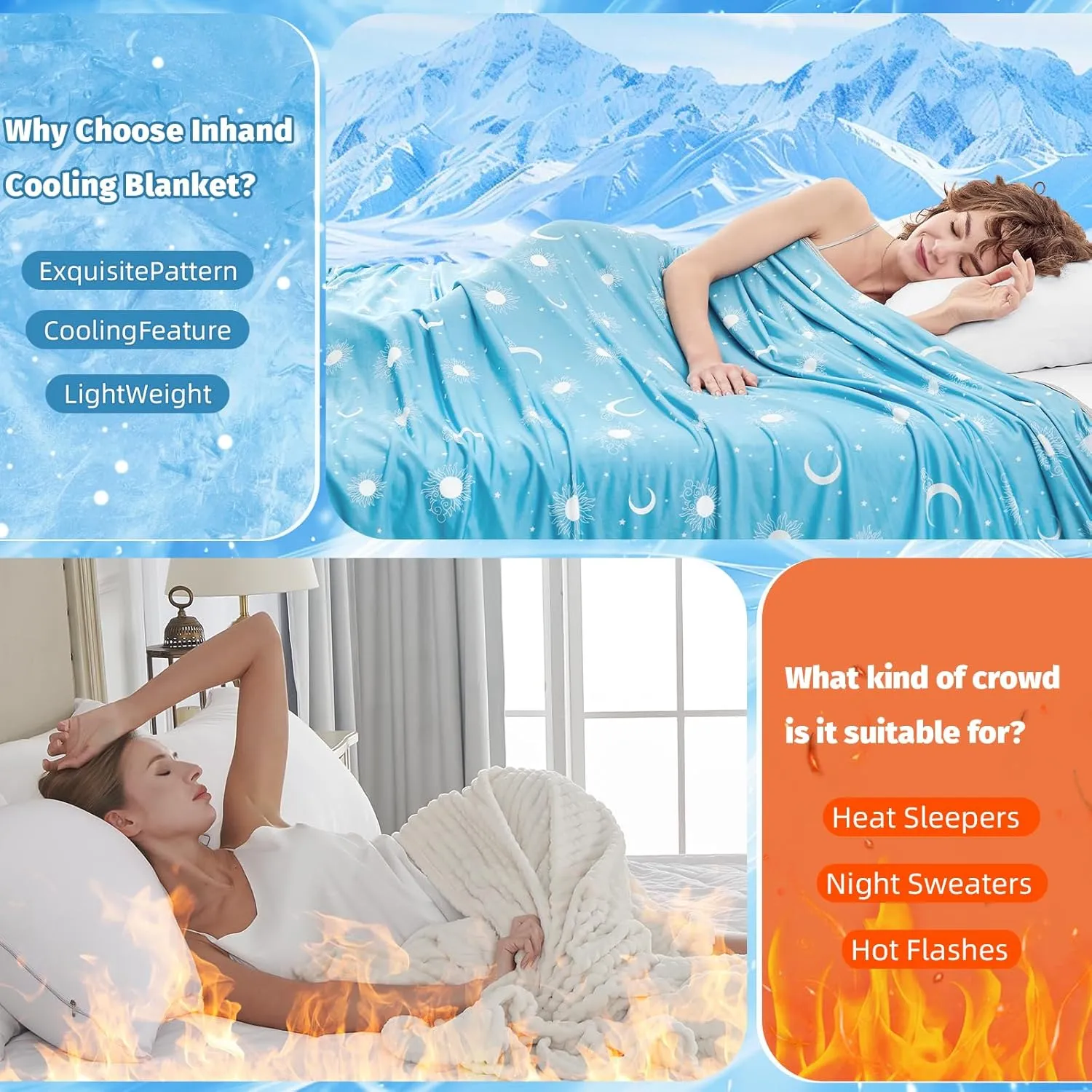inhand Cooling Blanket Queen Size (90"x90") - Cooled Blankets for Hot Sleepers Lightweight Breathable Summer Blanket for Sleeping Night Sweats to Keep Cool in The Heat -Aqua