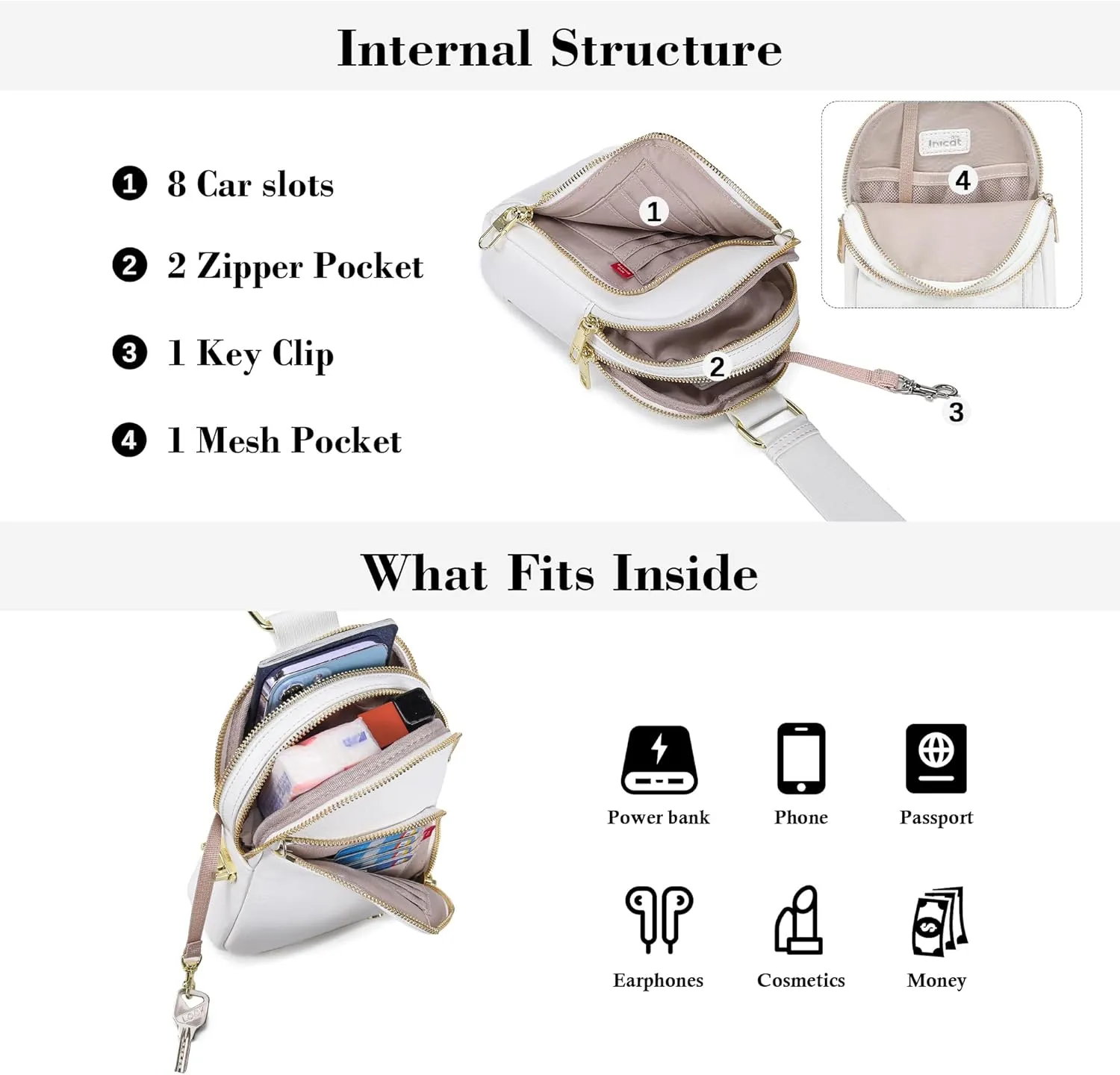 INICAT RFID Blocking Sling Bag Leather Crossbody Bags for Women Fanny Pack Cross Body for Woman Chest Bag for Travel 1.9L