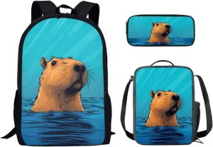 INSTANTARTS Capybara Backpack with Lunchbox for Kids 8-12 Large Capacity School Bag Lightweight 17 Inch Travel Shoulder Bag Book Bag for Boys Girls