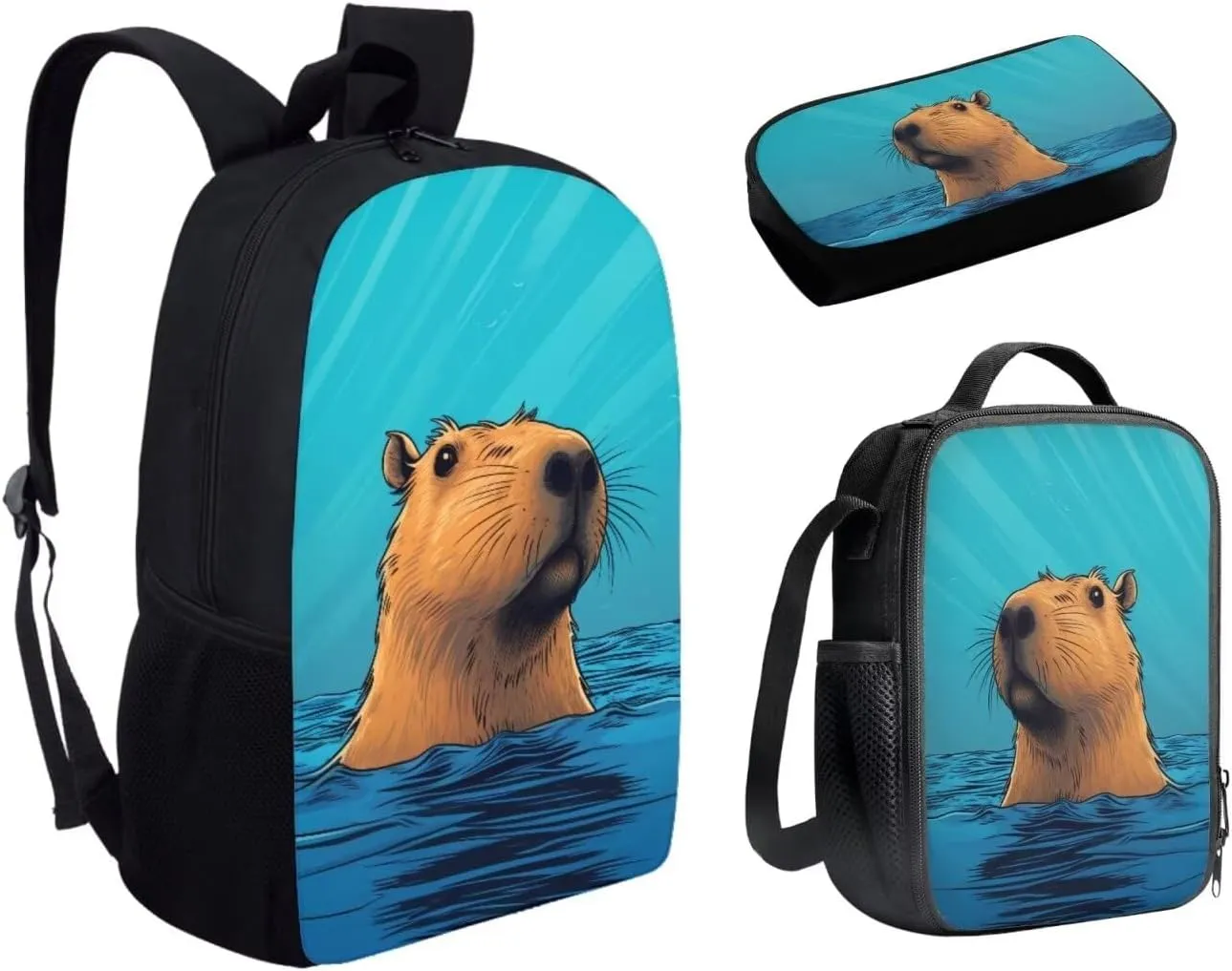 INSTANTARTS Capybara Backpack with Lunchbox for Kids 8-12 Large Capacity School Bag Lightweight 17 Inch Travel Shoulder Bag Book Bag for Boys Girls