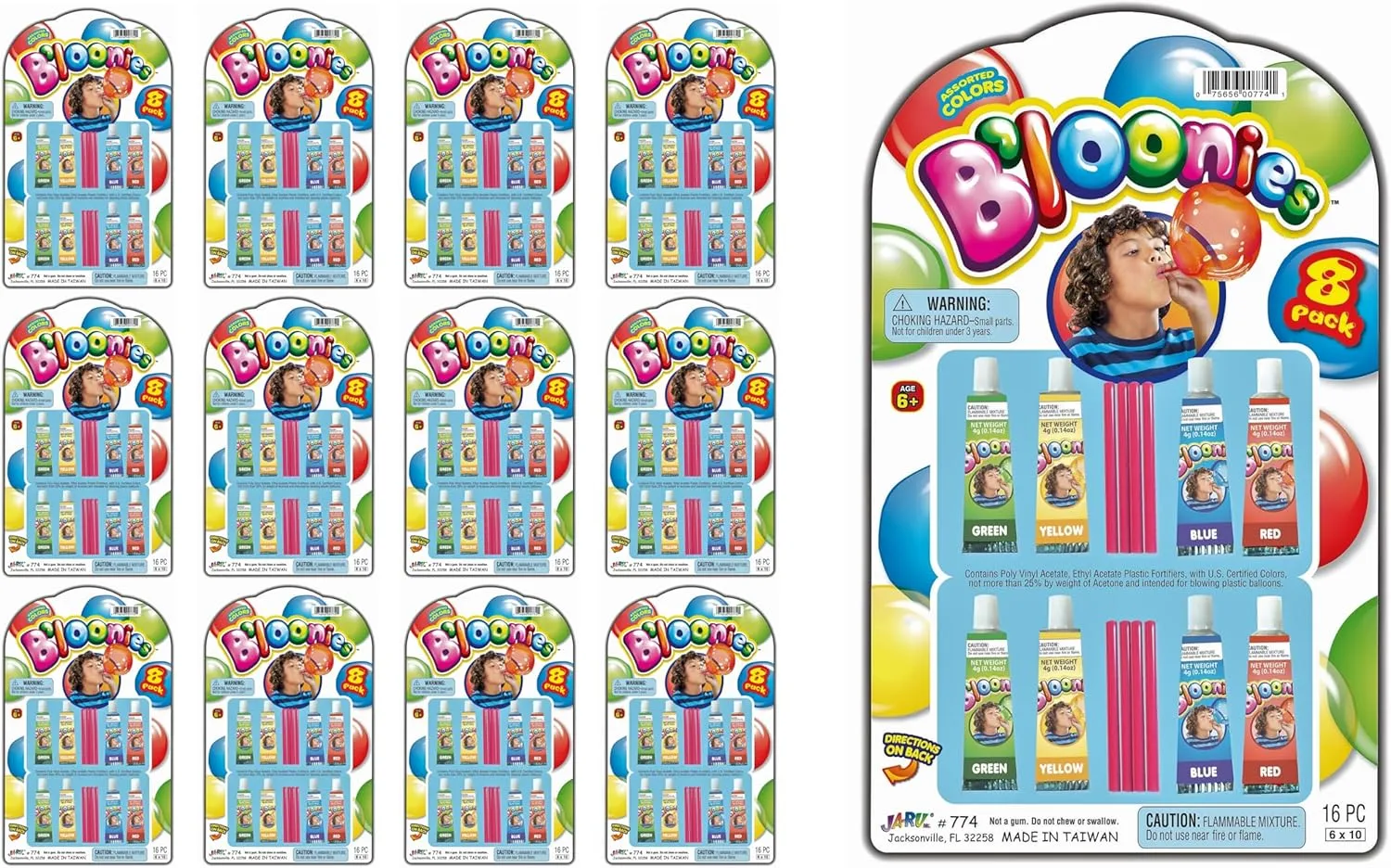 JA-RU Bloonies Magic Plastic Bubbles Variety Pack (96 Tubes in 12 Packs)| Kids Super Elastic Bubble Balloons | Blow Up Balloons with Straw | Bubble Tube Fidget Toy. Plus 1 Bouncy Ball 774-12p