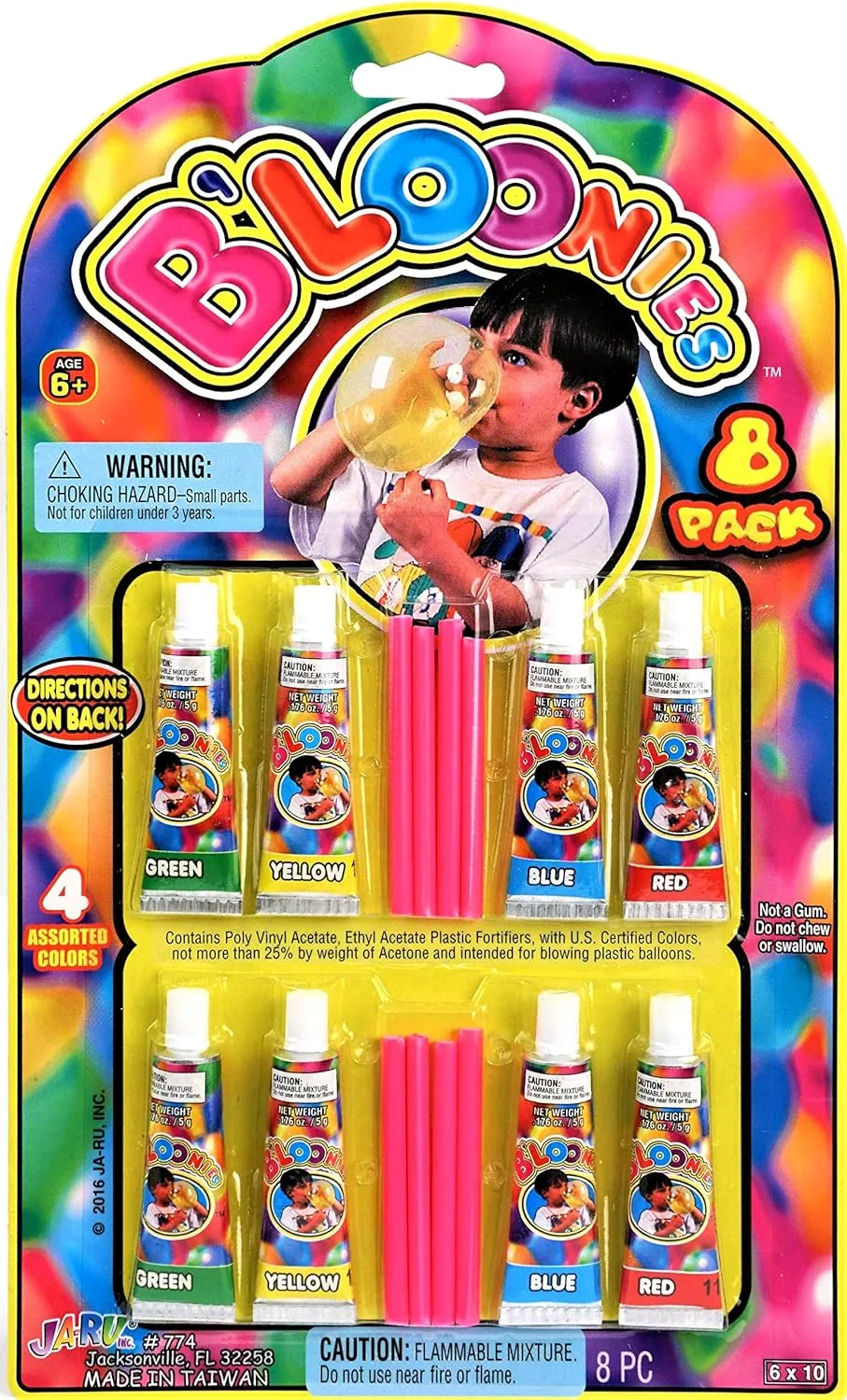 JA-RU Bloonies Plastic Balloons (6 Packs, 8 Tubes per Pack) Blow Plastic Bubbles with Straw. Assorted Colors - Green, Yellow, Blue & Red. Classic Retro Toys from The 90s. 774-6s