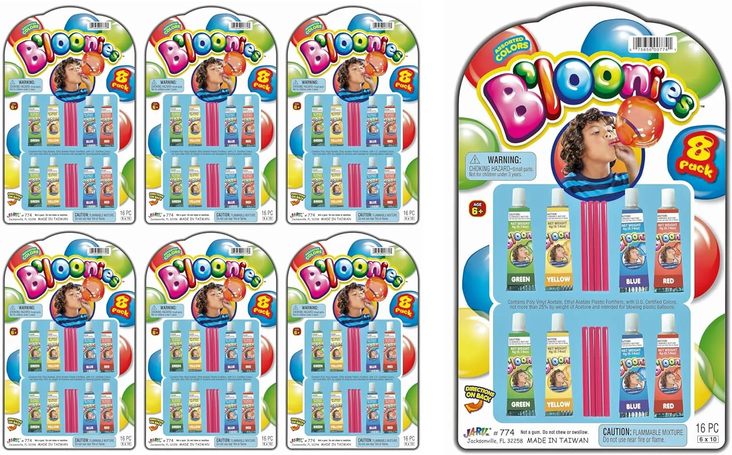 JA-RU Bloonies Plastic Balloons (6 Packs, 8 Tubes per Pack) Blow Plastic Bubbles with Straw. Assorted Colors - Green, Yellow, Blue & Red. Classic Retro Toys from The 90s. 774-6s