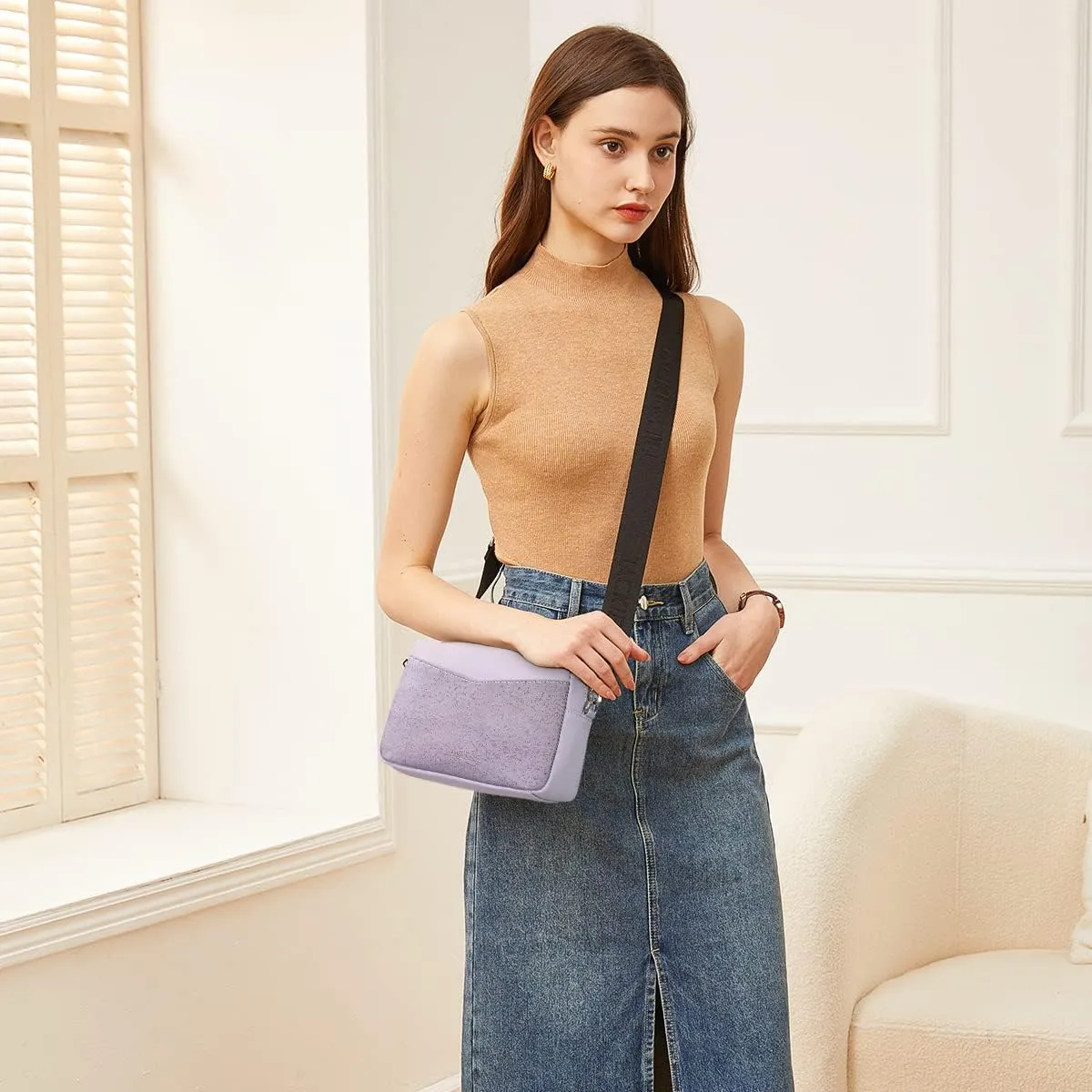 Jackie&Jill Small Crossbody Bags Purses for Women,Cork & Leather Shoulder Handbags with Wide Strap,Top Zipper Camera Bag