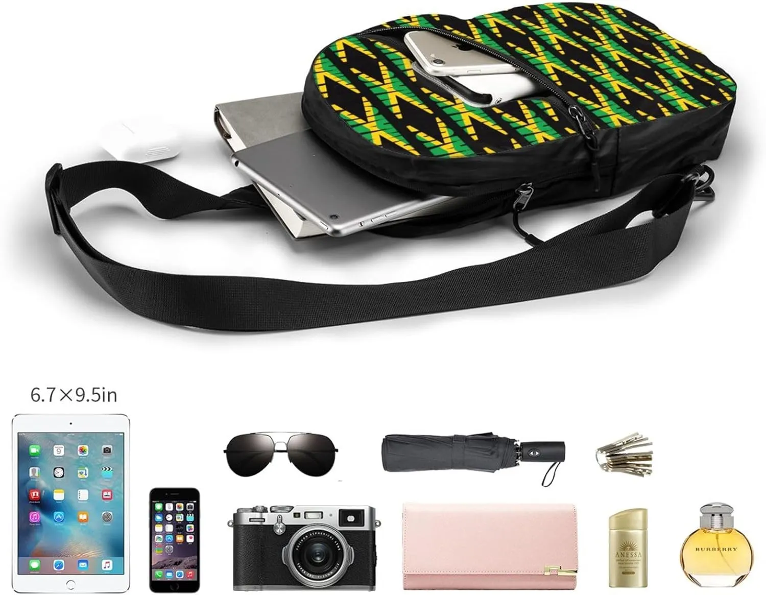 Jamaican Flag Portable Crossbody Bag Foldable Sling Bags Sports Gym Chest Daypack Reusable Shoulder Backpack Casual Diagonally Rucksack Fanny Packs