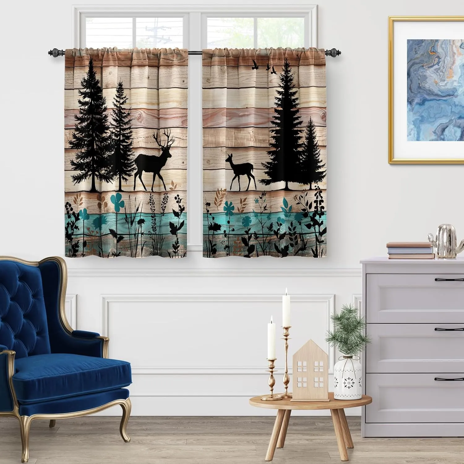 Jekeno Kitchen Curtains Sets for Windows - Farmhouse Forest Cabin Country Bear Deer Nature Printed Short Half Cafe Curtain for Dining Room Bathroom Camper Decor Rod Pocket Window Drapes 36Inch Length