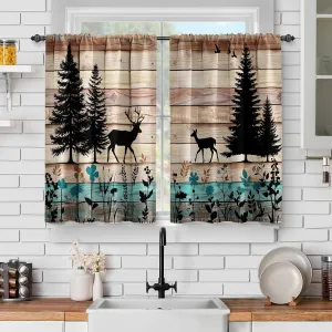 Jekeno Kitchen Curtains Sets for Windows - Farmhouse Forest Cabin Country Bear Deer Nature Printed Short Half Cafe Curtain for Dining Room Bathroom Camper Decor Rod Pocket Window Drapes 36Inch Length