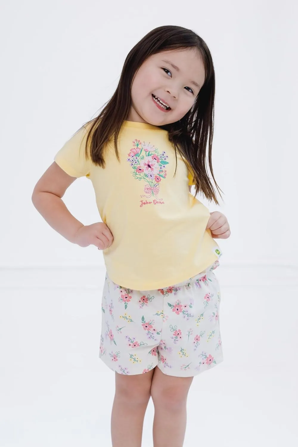 John Deere Floral Girls T-Shirt and French Terry Shorts Outfit Set Toddler to Little Kid Sizes (2T - 7-8)
