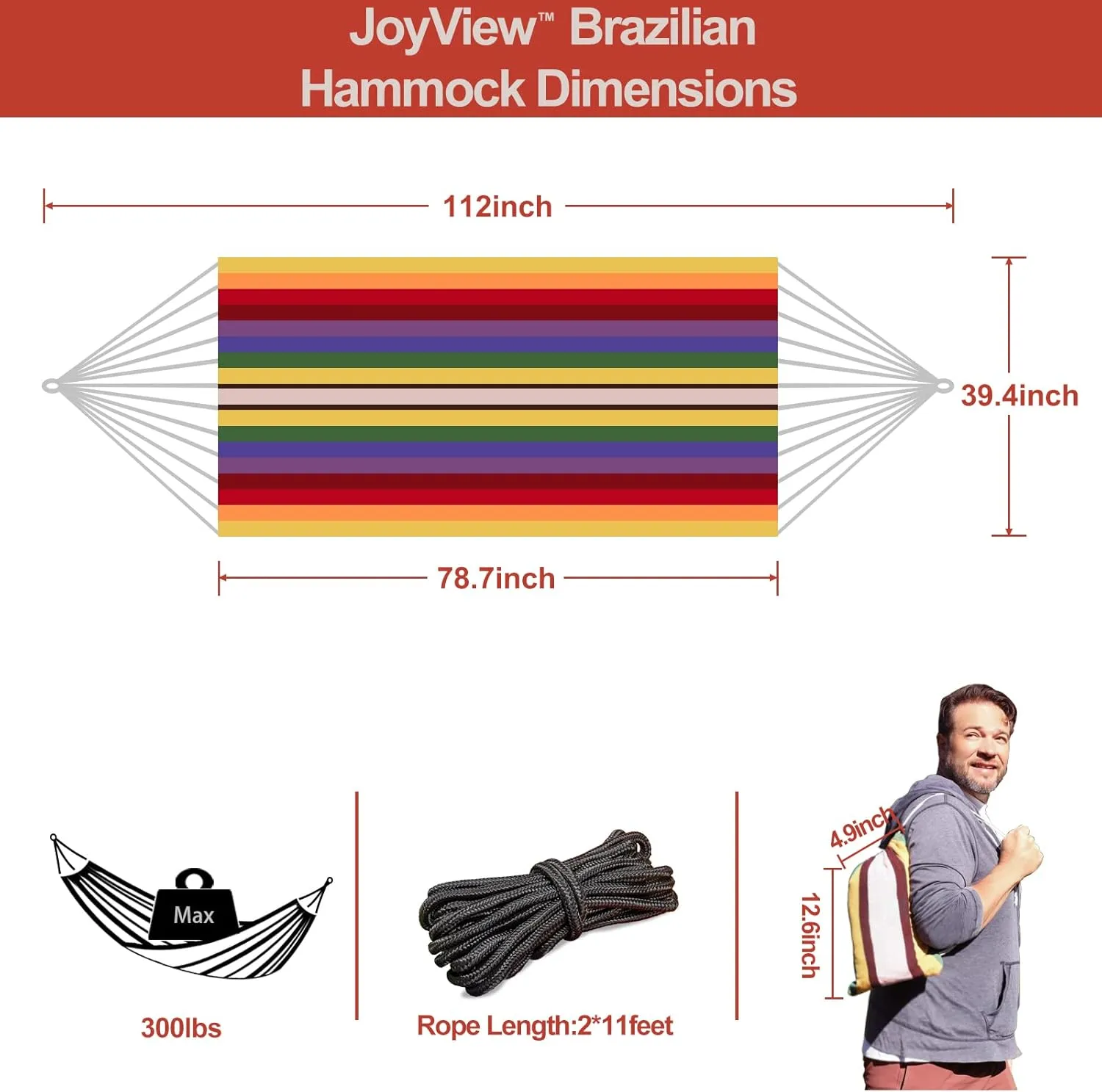 JoyView Brazilian Hammock for Single Preson Portable Hammock with Hanging Ropes & Carry Bag Large 78.8x39.4” Cotton Hammock for Patio 300LBS Capacity Perfect for Outdoor/Indoor - Red Stripes