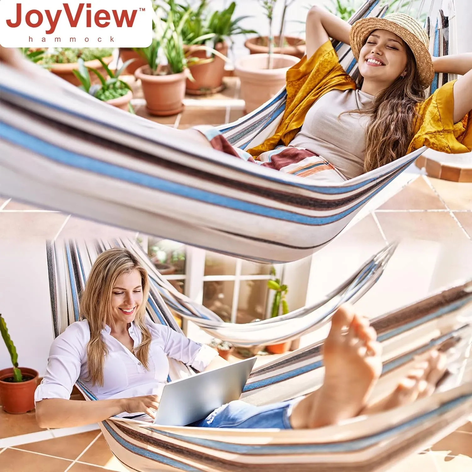 JoyView Brazilian Hammock for Single Preson Portable Hammock with Hanging Ropes & Carry Bag Large 78.8x39.4” Cotton Hammock for Patio 300LBS Capacity Perfect for Outdoor/Indoor - Red Stripes