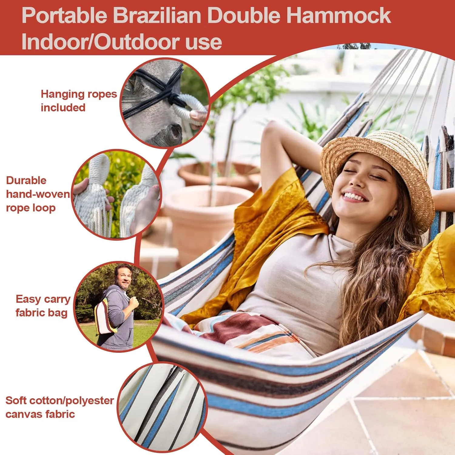 JoyView Brazilian Hammock for Single Preson Portable Hammock with Hanging Ropes & Carry Bag Large 78.8x39.4” Cotton Hammock for Patio 300LBS Capacity Perfect for Outdoor/Indoor - Red Stripes