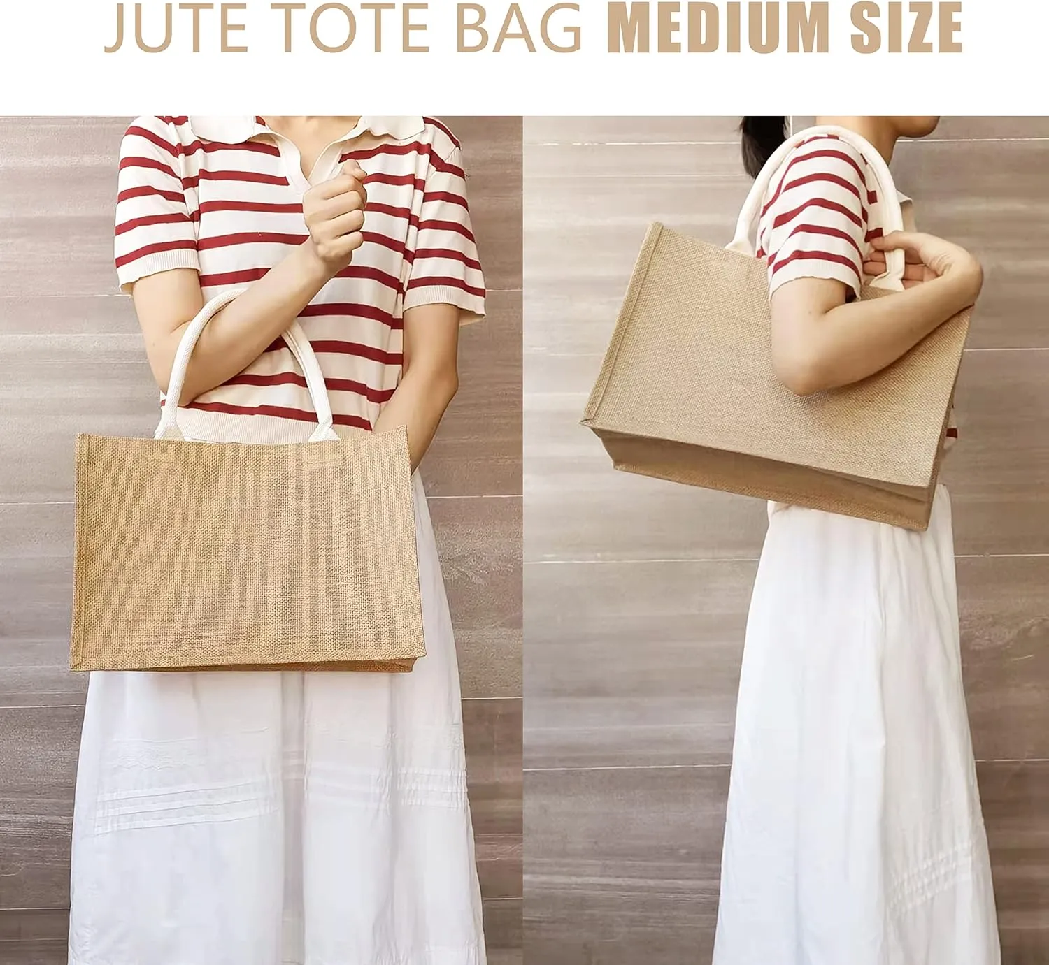 Jute Tote Bags, 14.5" x 6.7" x 10.2" Pack of 1 Burlap Bridesmaid Bags, Burlap Beach Totes, Jute Travel Bags with handles, Tote Bag for DIY,Gym,Shopping,Wedding