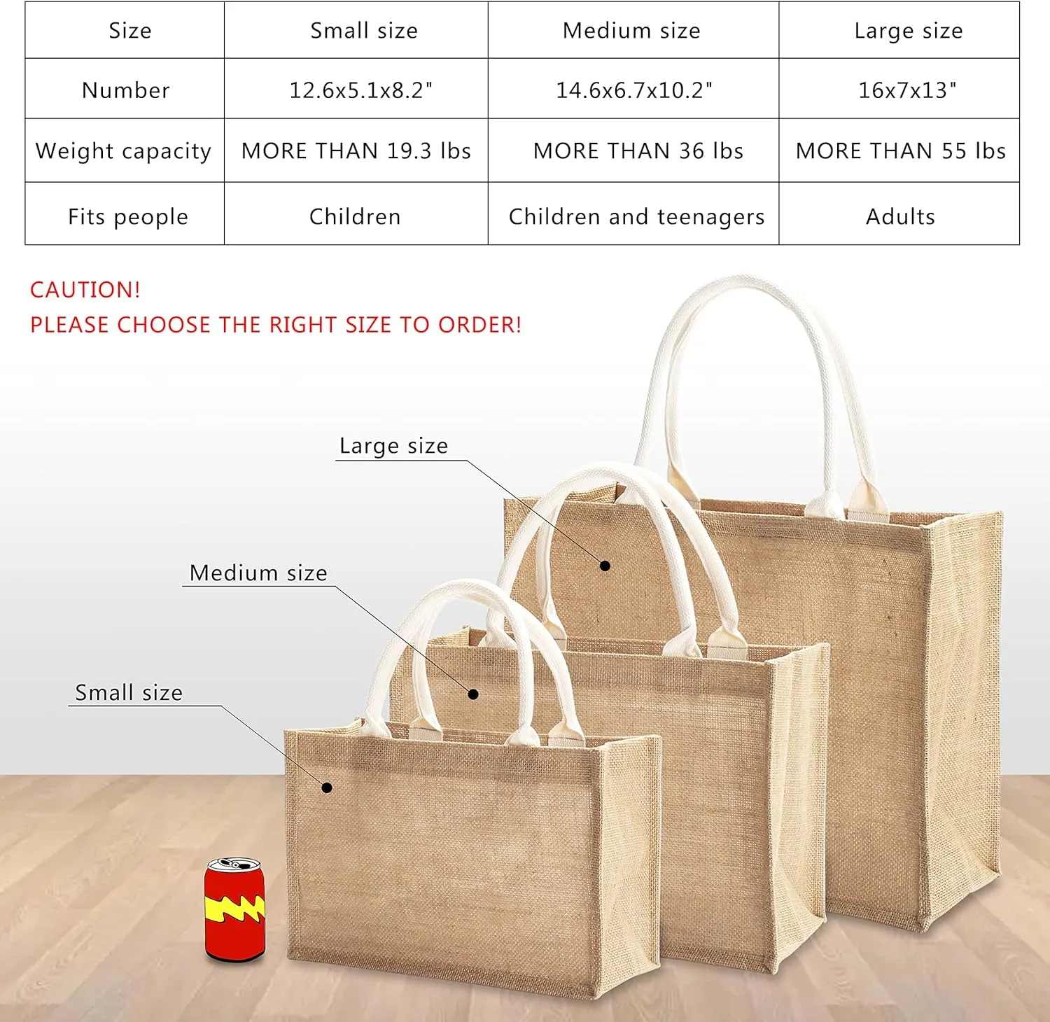 Jute Tote Bags, 14.5" x 6.7" x 10.2" Pack of 1 Burlap Bridesmaid Bags, Burlap Beach Totes, Jute Travel Bags with handles, Tote Bag for DIY,Gym,Shopping,Wedding
